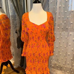 NWT For Love and Lemons Peony Smocked Floral Orange Dress Size M